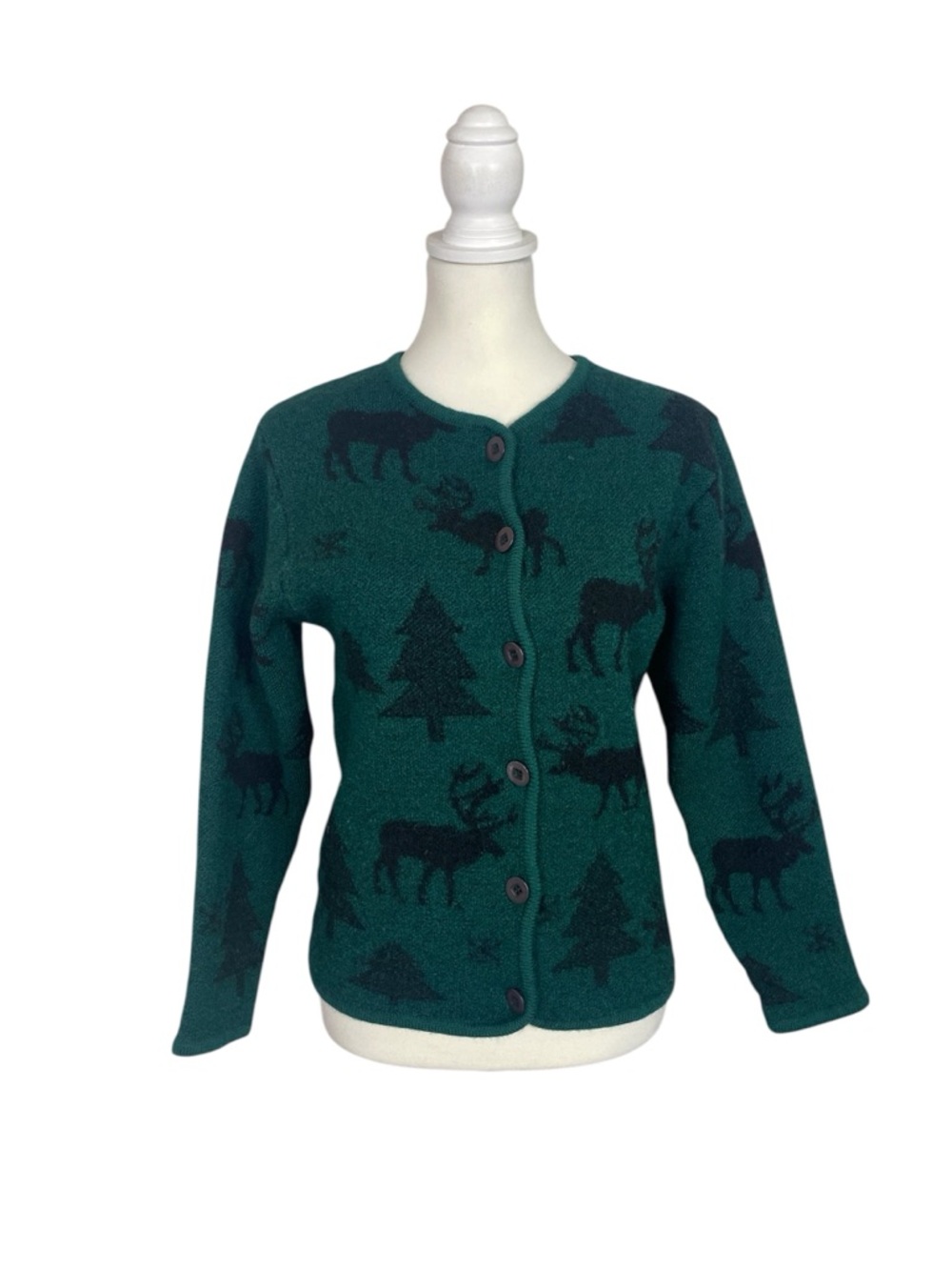 Vintage Eminent By Lisa Wool Sweater Green Moose Deer Tree Cardigan Cottagecore